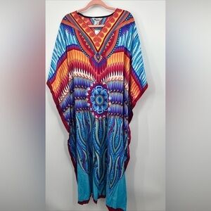 Winlar Printed Satin V Neck Caftan Cover-Up Gown Robe Knee Length